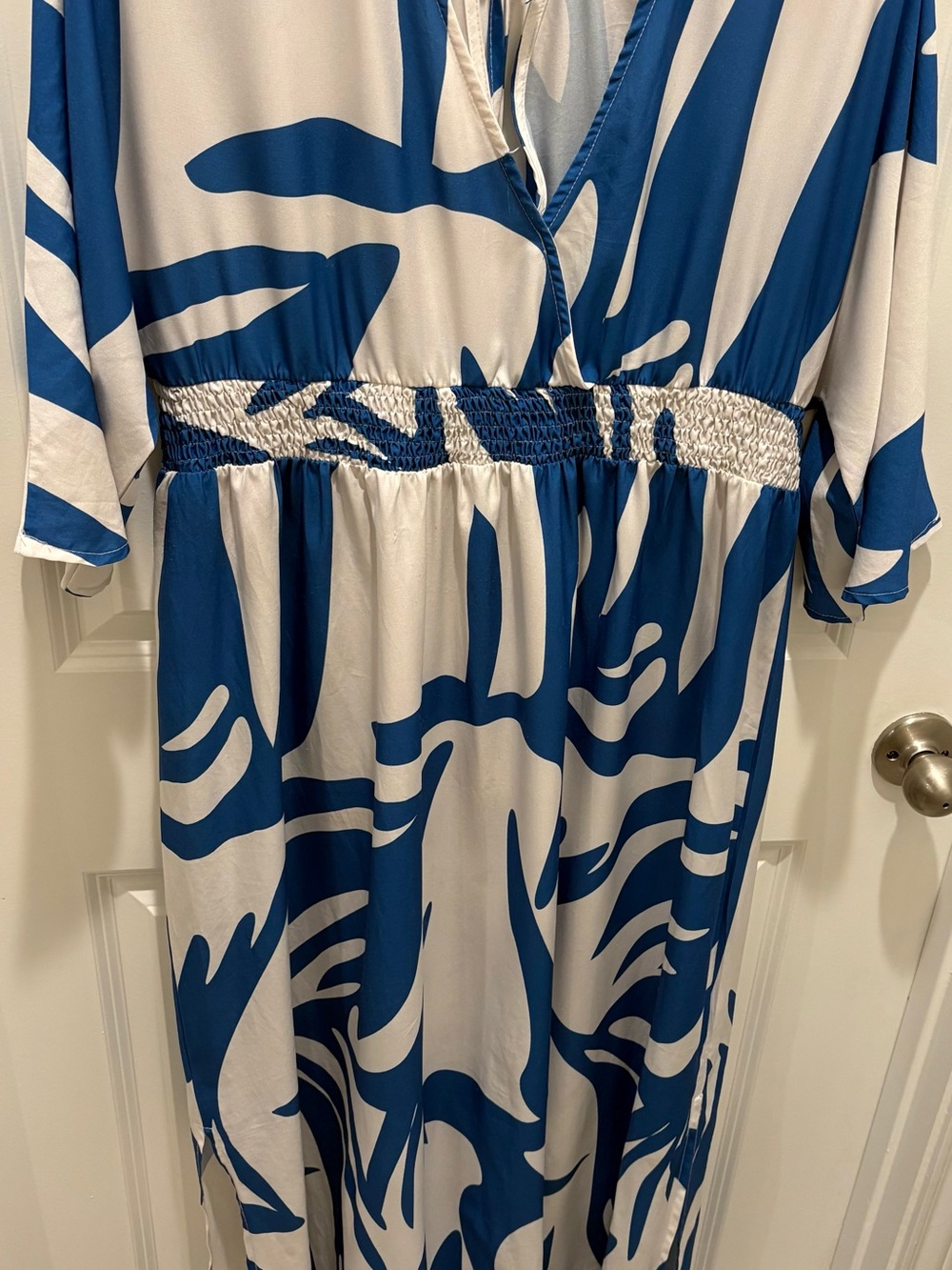 SHEIN Blue & White Tropical Print Maxi Dress XL Kimono Sleeve Smocked Waist